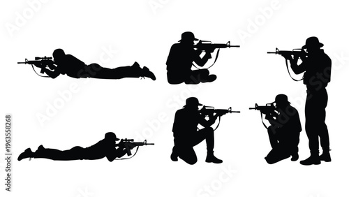 Silhouette of soldiers in various shooting positions