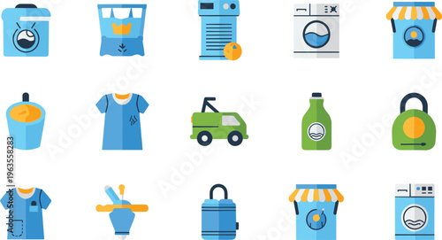 Laundry and Dry Cleaning Service Icon Set Featuring Washing Machine Detergent Delivery and Clothing Care Flat Vector Illustration Isolated on White Background
