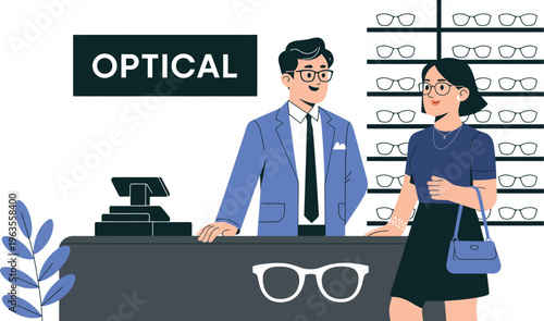Optical store customer service concept illustration with optometrist assisting woman, eyeglasses selection, vision care, retail eyewear shop