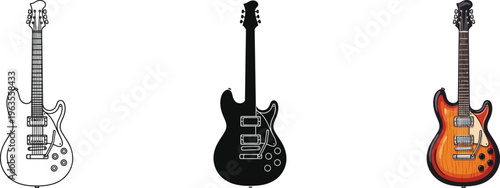 Collection of three distinct electric guitar illustrations one line art one solid silhouette and one colorful detailed graphic on white background