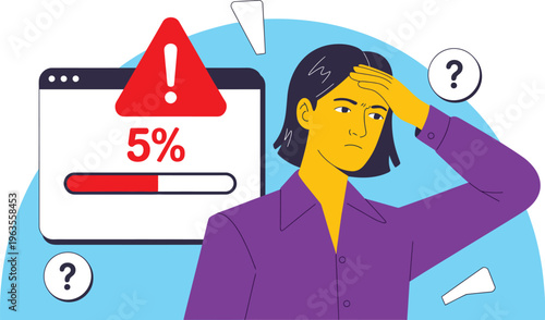 Low battery warning and anxiety concept illustration with confused user, critical power level alert, device problem, energy shortage and urgency