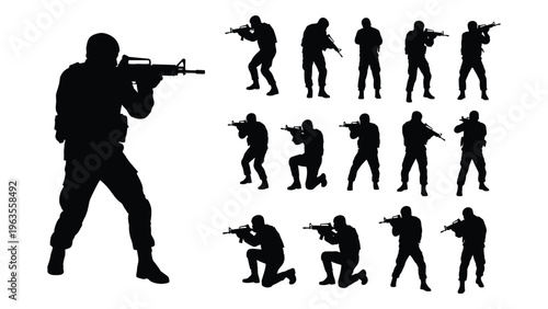 Silhouette of a soldier with various combat poses