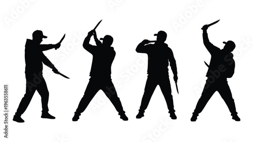 Silhouettes of four people wielding machetes in various combat stances