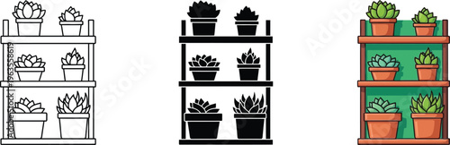 Versatile vector graphic illustration showcasing a vibrant collection of potted succulents neatly arranged on a three-tier wooden shelf, available in outline, silhouette, and full color 