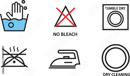 Laundry Care Symbols Icon Set Featuring Hand Wash No Bleach Tumble Dry Iron and Dry Cleaning Instructions Flat Vector Illustration Isolated on White Background