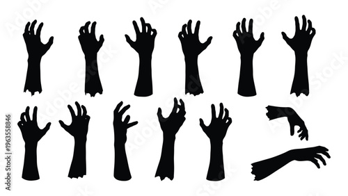 Collection of black silhouette hands raised in air