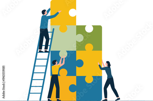 Teamwork collaboration concept illustration with business people assembling puzzle pieces, cooperation, problem solving, strategy and success