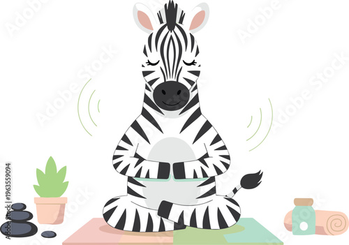 Cute Zebra Cartoon Vector Illustration Meditating in Yoga Pose on Mat with Plant, Stones, and Relaxation Accessories Isolated on White Background for Wellness and Kids Design