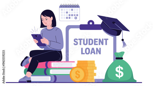 Student loan concept illustration with female student studying, education financing, tuition debt, scholarship, savings and academic expenses
