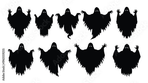 Collection of eight black ghostly figures with hoods