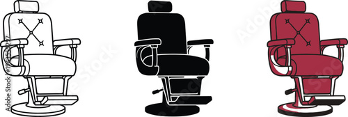 Collection of vintage barber chair vector illustrations featuring outline silhouette and detailed red graphic designs on white background