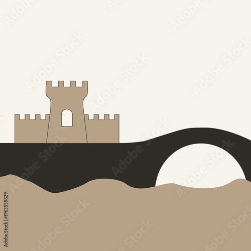 Castle Landscape Minimalist Wall Art, Fortress on Hills Poster, Strength and Protection Concept, Neutral Aesthetic Decor, Scandinavian Minimal Nature Illustration