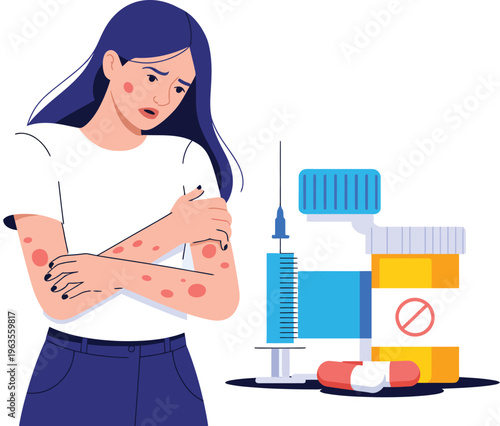 PrintAllergic reaction skin rash treatment concept illustration, woman with dermatitis symptoms, medical care, medication, healthcare awareness