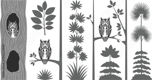Forest Tree and Owl Silhouette Vector Set with Various Tree Types Including Deciduous and Coniferous Trees and Owls in Hollow, Isolated on White Background for Nature and Wildlife Design