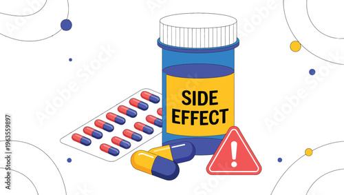 Medication side effects concept illustration with pill bottle warning label, capsules and tablets, pharmaceutical risk and healthcare caution
