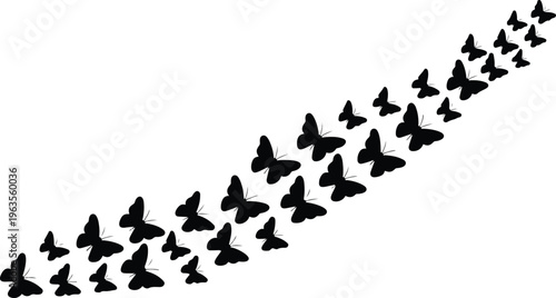 Minimal butterfly silhouette composition in curved diagonal layout with detailed wings clean black and white vector illustration