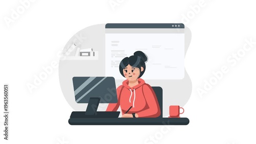 Young woman designer working at computer in a cozy home office