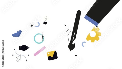 Animated abstract graphic design tools and icons on white background