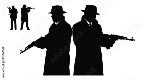 Silhouettes of men in hats with guns