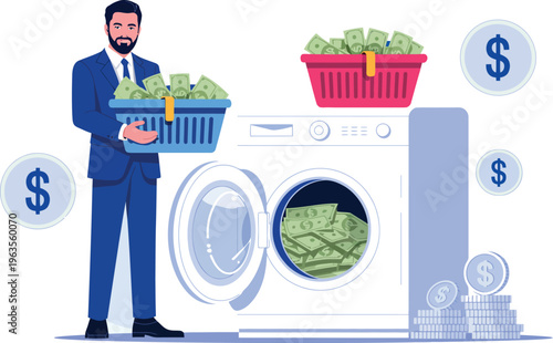 Businessman laundering money concept illustration, financial crime, illegal cash washing, corruption, fraud and money laundering scheme