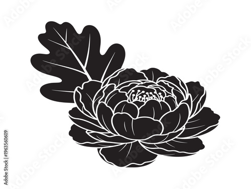 Elegant peony and oak leaf crest silhouette with sophisticated heraldic design