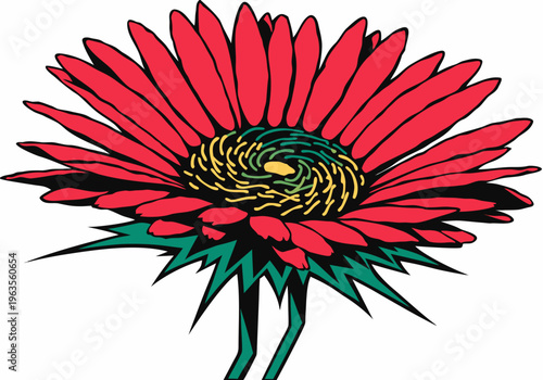Red vivid gerbera (daisy) flower with yellow / green center icon

