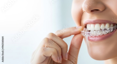 Invisible dental aligners for teeth straightening, woman wearing clear plastic orthodontic tray, beautiful white smile with transparent braces