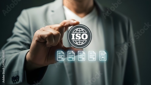 Businessman displays an iso certification icon above digital document icons, symbolizing quality management standards.