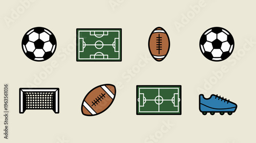 A colorful arrangement of sports equipment icons depicts soccer and american football elements including balls fields and footwear high quality professional detailed modern elegant stylish clean