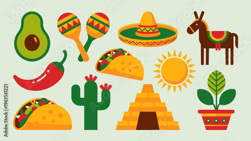 A vibrant illustration depicts iconic symbols of mexico including food musical instruments and cultural landmarks high quality professional detailed modern elegant stylish clean crisp colorful digital