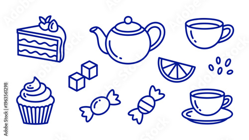 A minimalist blue line drawing depicts a collection of sweet treats and tea including cake a teapot and various candies high quality professional detailed modern elegant