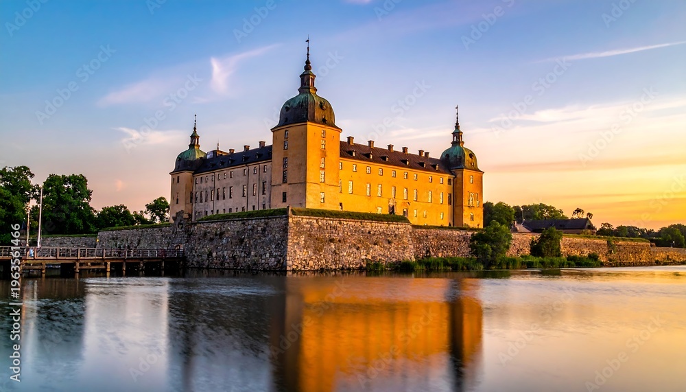 Fototapeta premium Historic castle on serene lake shore.