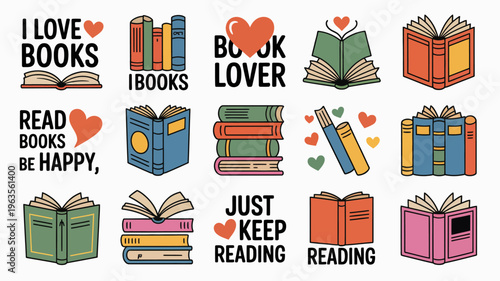 A colorful illustration showcases various open and stacked books alongside loving messages promoting reading and a book lover lifestyle high quality professional detailed modern elegant stylish