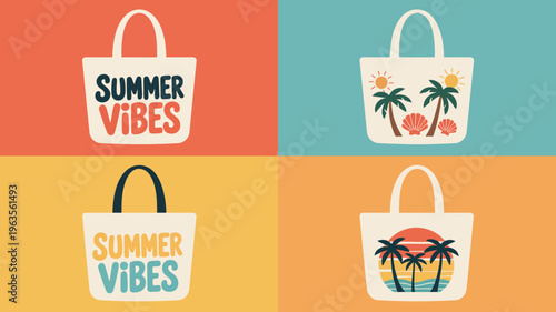 A vibrant illustration showcases four tote bags with summer themed designs featuring text and tropical imagery high quality professional detailed modern elegant stylish clean crisp colorful