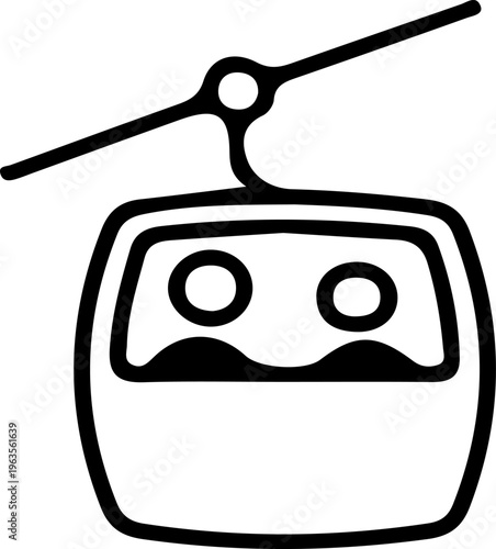Minimalist cable car icon vector, black and white gondola lift illustration, mountain ski lift transport symbol for winter tourism and travel