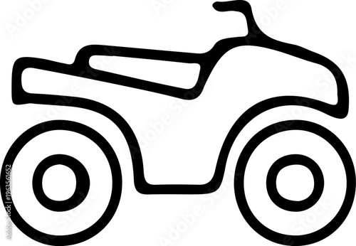 Minimalist ATV quad bike icon, black hand drawn all-terrain vehicle vector, simple off-road motorcycle silhouette for extreme sports logos