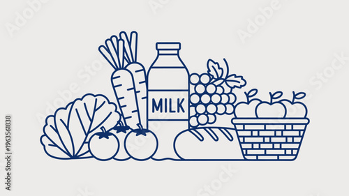 A simple line drawing depicts a variety of fresh produce including carrots grapes apples milk and leafy greens in a still life high quality professional detailed