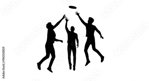 Three people jumping to catch a frisbee