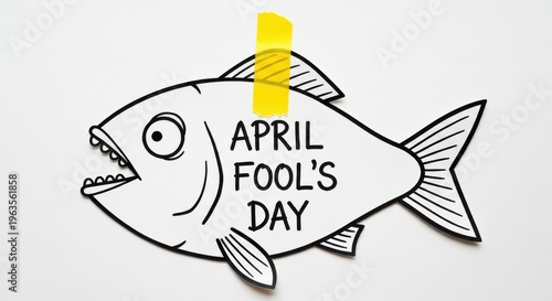 April Fool's Day paper fish cutout, hand drawn fish illustration with yellow tape, funny prank concept on white background, Poisson d'Avril tradition