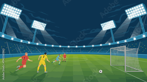 A vibrant illustration depicts a soccer match in progress under bright stadium lights with players actively competing on a green field high quality professional detailed modern