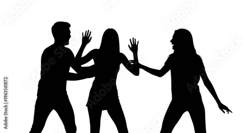 Silhouette of a man and two women in a defensive stance