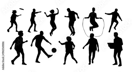 Silhouettes of people engaging in various sports and activities