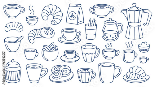 A collection of hand drawn blue line art depicting various coffee and breakfast items including cups croissants and a coffee pot high quality professional detailed modern
