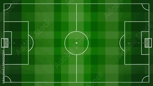 An aerial view depicts a vibrant green soccer field with distinct white markings showcasing goal areas and a central circle high quality professional detailed modern elegant