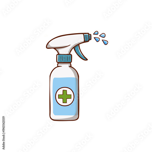 A disinfectant spray bottle with a green cross symbol on a blue circle, depicting a cleaning or sanitizing solution for hygiene and health