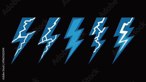 A series of five stylized blue lightning bolt illustrations are displayed against a stark black background showcasing varying designs high quality professional detailed modern elegant stylish