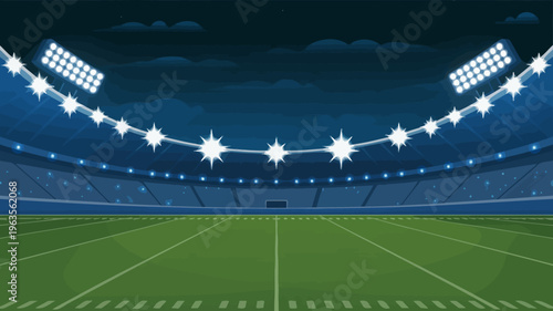 An illustration depicts a brightly lit empty football stadium at night featuring green turf and rows of seating high quality professional detailed modern elegant stylish clean