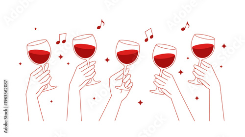 A minimalist illustration depicts five hands each holding a glass of red wine accompanied by musical notes and sparkle details high quality professional detailed modern elegant