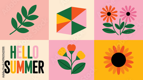 A colorful grid displays botanical illustrations and text incorporating leaves flowers geometric shapes and a summer greeting high quality professional detailed modern elegant stylish clean crisp