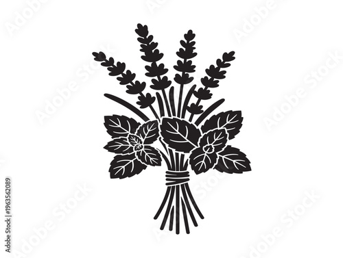Fresh lavender and mint herb bundle silhouette with aromatic botanical appeal